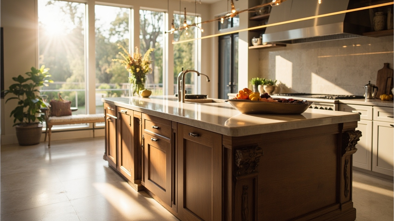 A polished kitchen with a custom island crafted from premium materials and bright natural light, showcasing Houston kitchen design ideas.