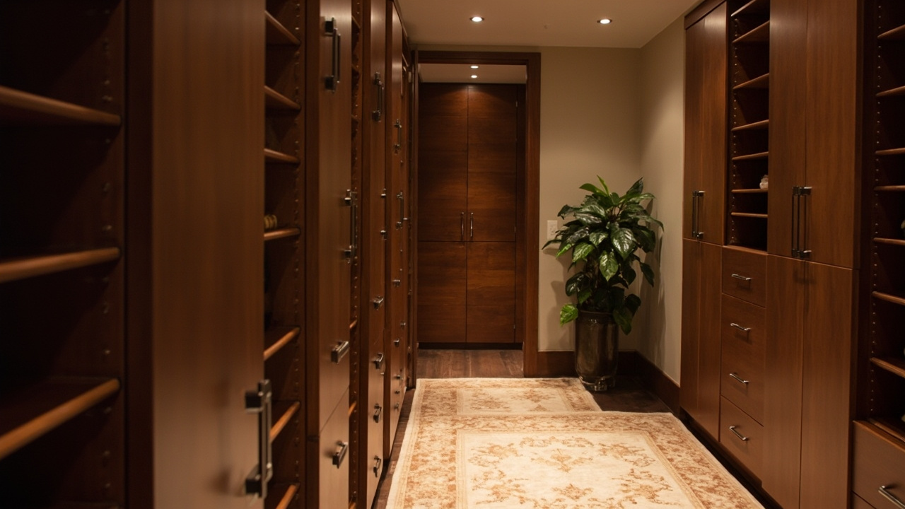 Stylish walk-in closet design with custom cabinets, featuring a cozy rug and decorative plant.