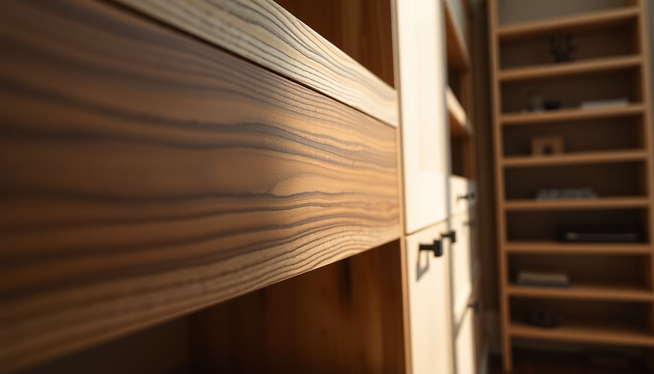 Close-up view of dovetail joints in drawers and layered shelving with varied wood tones in custom kitchen cabinets Houston from Evita Cabinets builders, highlighting architects custom cabinetry precision under dramatic side lighting.