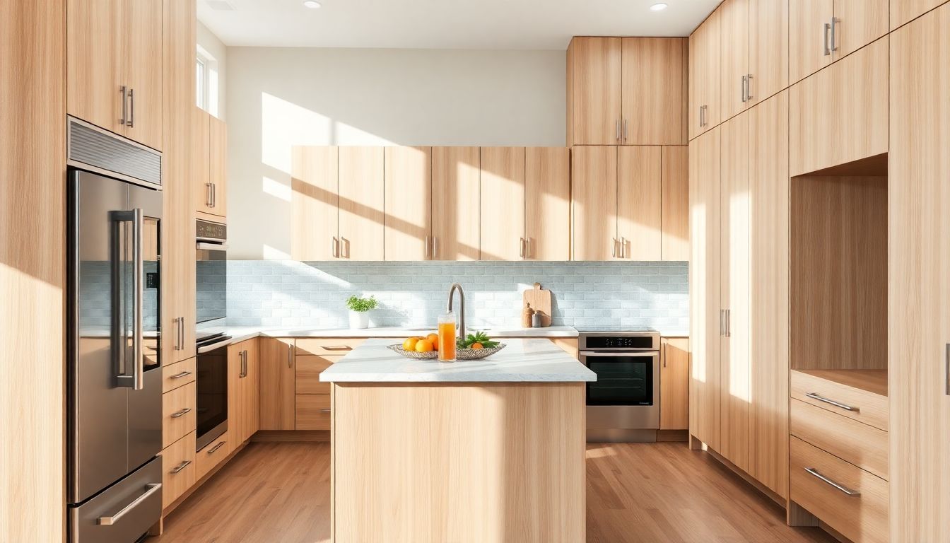 Wide-angle view of a bright suburban Houston kitchen featuring floor-to-ceiling custom cabinetry in light oak with integrated appliance panels, sunlight streaming in to convey efficiency and warmth.