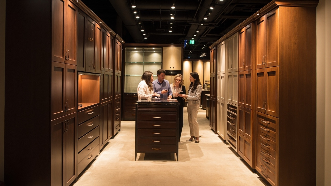 A customer consulting with the Evita Cabinets team in a showroom filled with diverse cabinet designs, showcasing custom cabinets and home storage solutions.