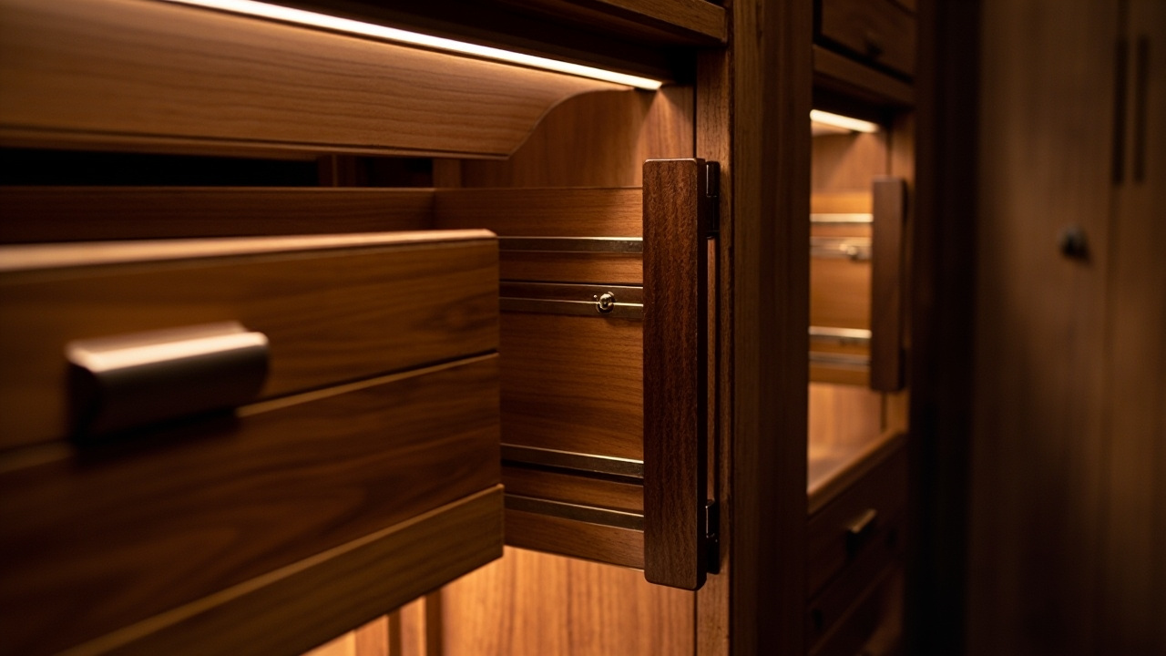 Close-up of custom closet cabinets showcasing adjustable shelves and pull-out drawers, highlighting walk-in closet design and home storage solutions.