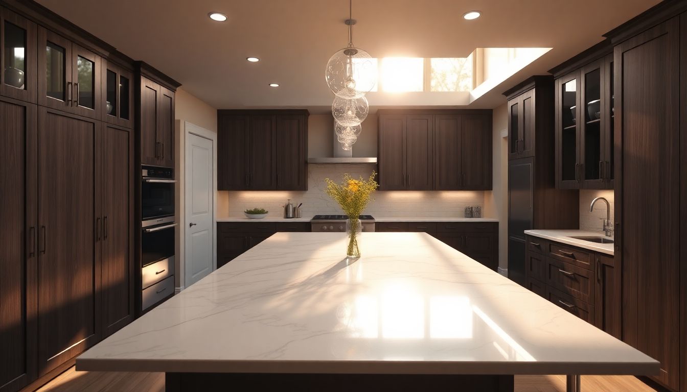 Interior view of a modern kitchen featuring custom kitchen cabinets, a marble countertop island with pendant lights casting soft shadows, and golden hour glow from windows, highlighting kitchen design trends for Houston homebuyers.
