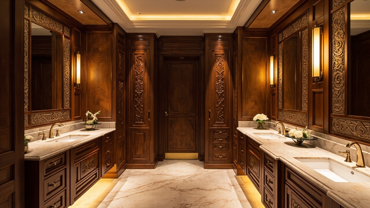 Elegant modern bathroom featuring custom cabinets by Evita Cabinets, showcasing rich textures and colors under soft, diffused lighting.