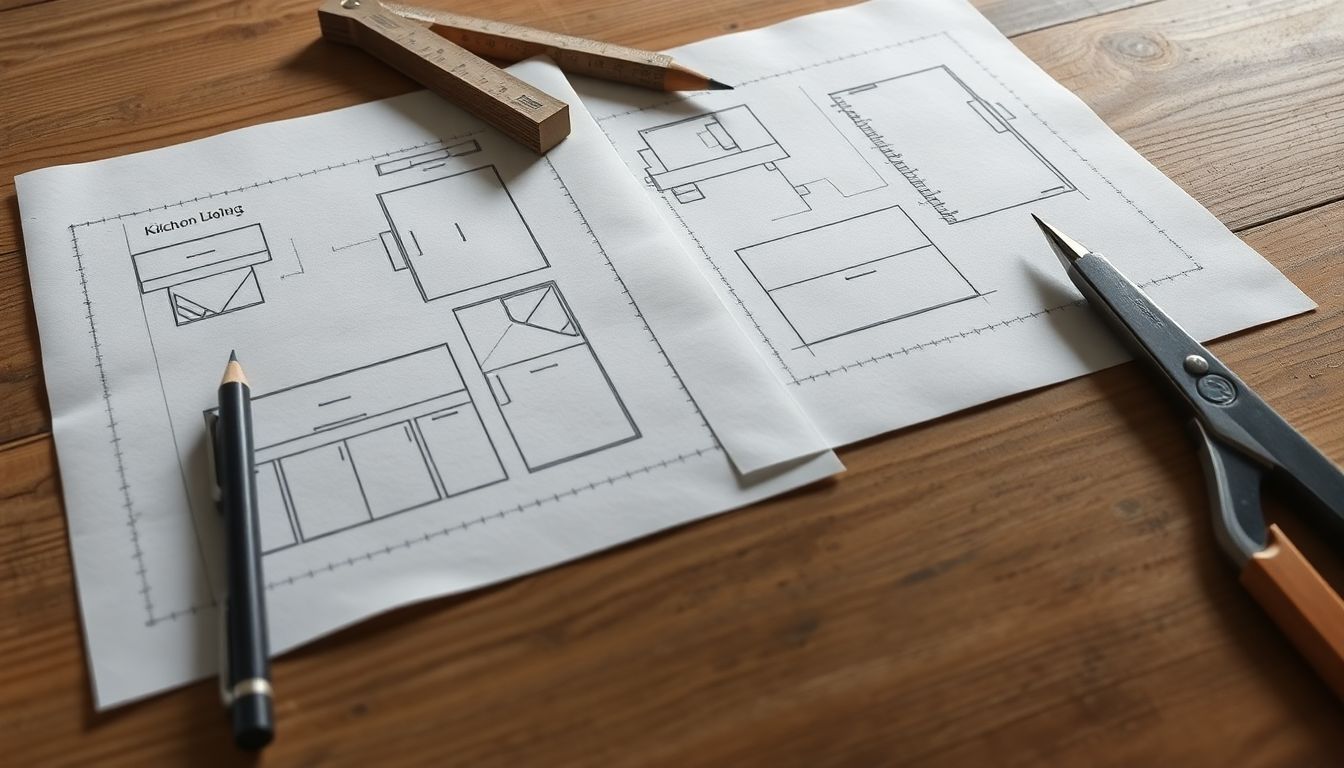 Close-up view of graph paper sketches depicting kitchen layouts and custom cabinet outlines, with measuring tools on a wooden workbench, illustrating kitchen remodel preparation for custom kitchen cabinets in Houston.