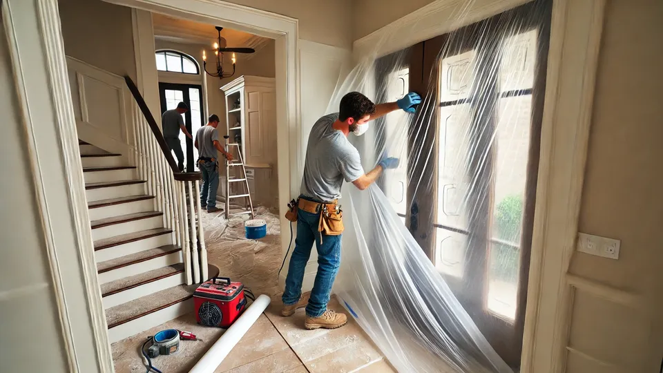Contractors sealing a doorway with plastic sheeting during a Houston remodel