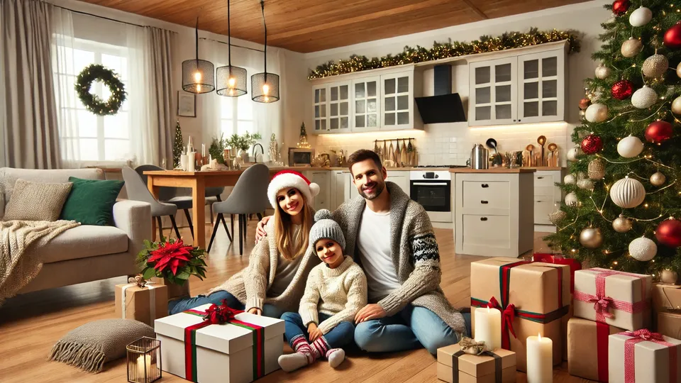 Family enjoying a newly remodeled kitchen and living room decorated for the holidays