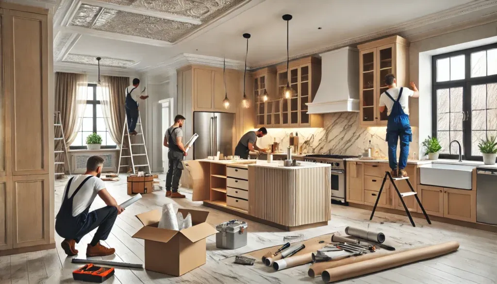 A modern kitchen being remodeled with custom cabinetry for the holiday season