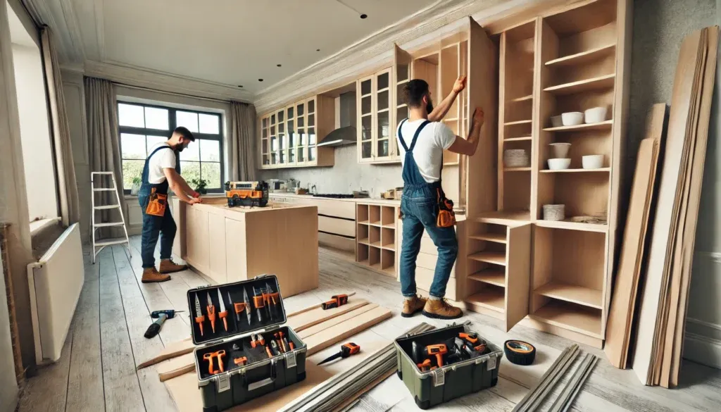 Contractors installing custom cabinetry in a modern kitchen during a home remodel