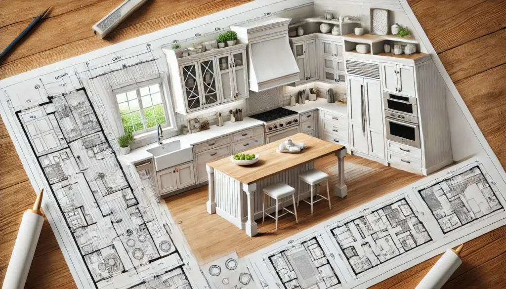 Detailed kitchen renovation design plan with custom cabinetry layout