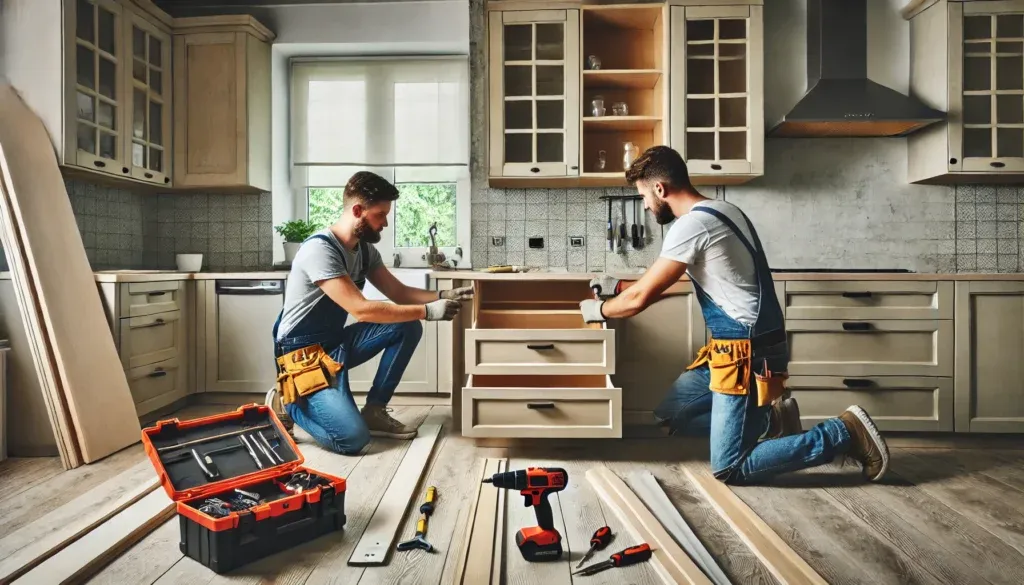 Contractors installing custom cabinetry in a modern kitchen during a renovation