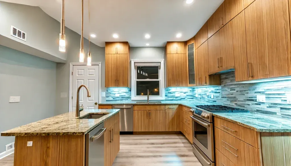Modern kitchen with wood cabinetry and granite countertops