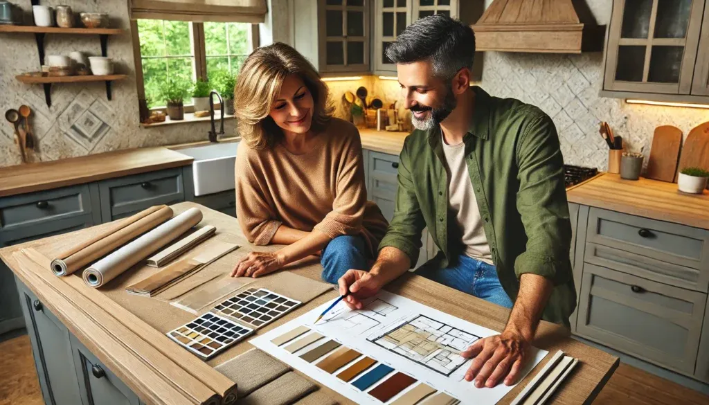 Homeowner and designer reviewing kitchen renovation plans together