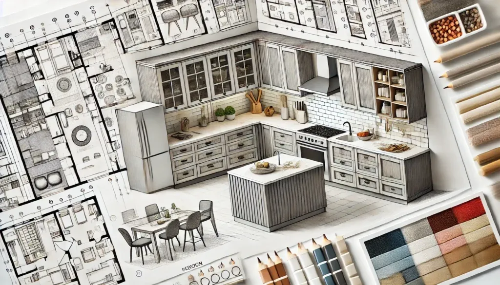 Detailed kitchen renovation plan showing custom cabinetry layout with design sketches and material samples