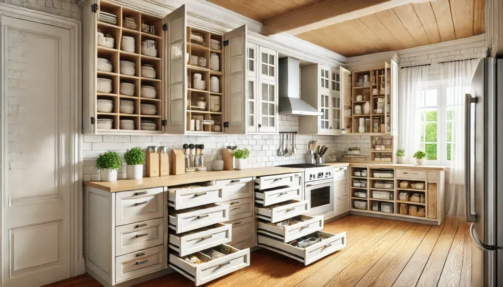 Kitchen design with custom cabinetry, pull-out shelves, and built-in storage solutions
