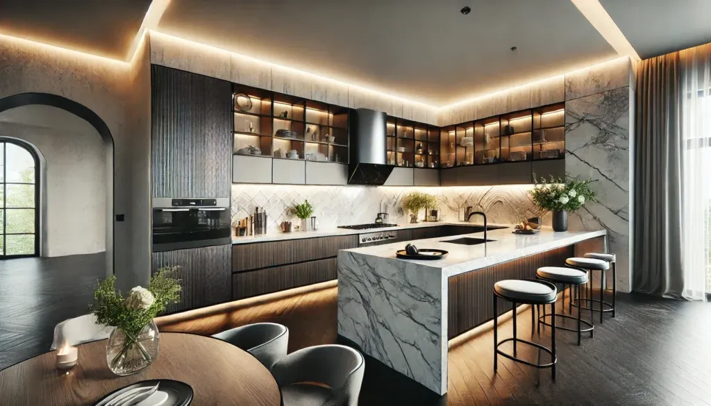 Modern kitchen with custom countertops and a unique backsplash design