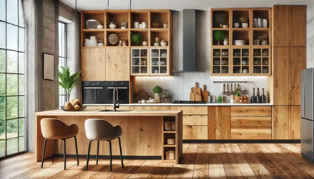 Modern kitchen with a variety of wood kitchen cabinets featuring oak, maple, and walnut finishes