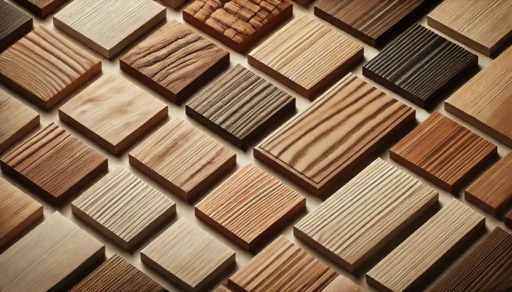 Close-up view of different wood samples for kitchen cabinets, including oak, maple, cherry, and walnut