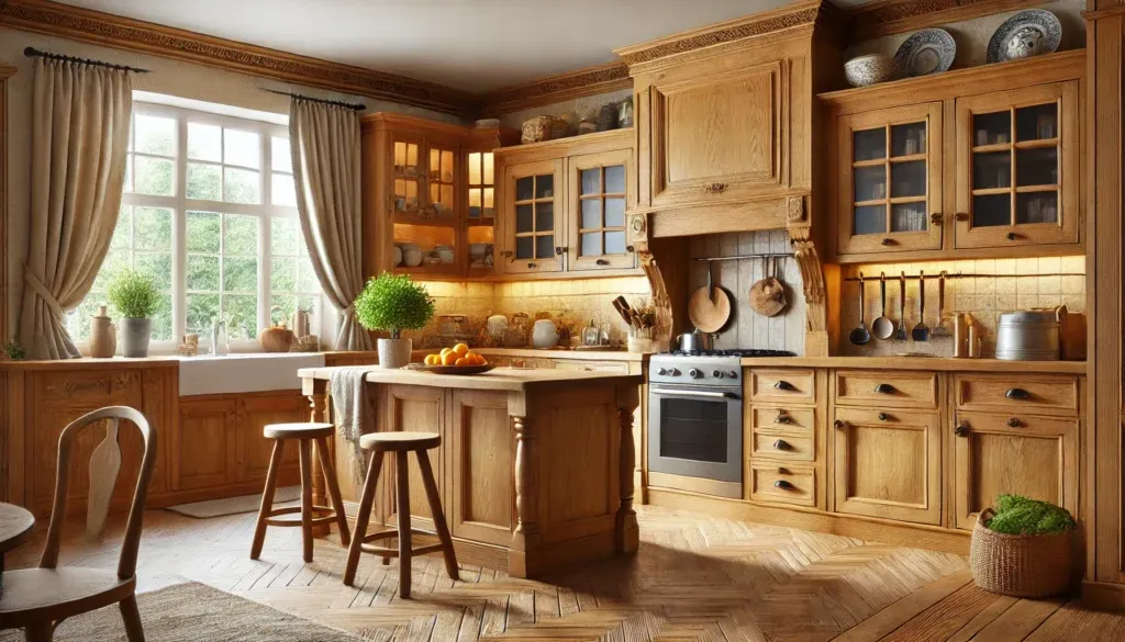 Traditional kitchen design with oak wood kitchen cabinets featuring visible grain patterns and warm, rustic tones