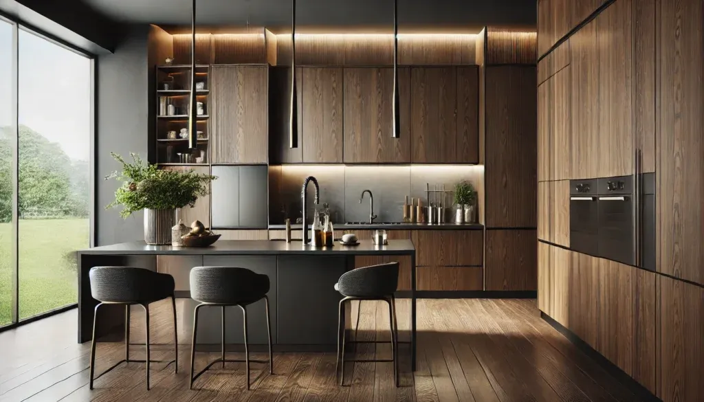 Modern kitchen with dark walnut wood kitchen cabinets showcasing luxury and smooth finishes