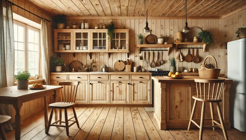 Cozy kitchen with pine wood kitchen cabinets featuring natural light wood tones and a rustic look