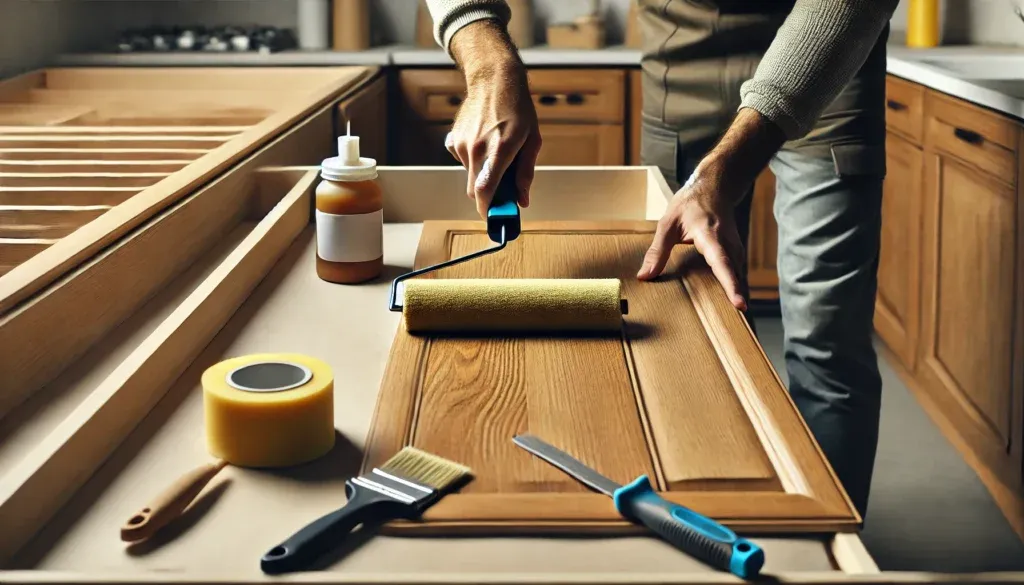 Close-up of hands applying a wood veneer to a cabinet door during the refacing process.