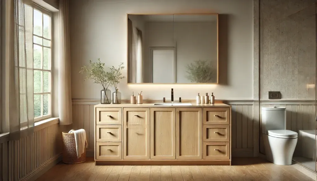 Bathroom vanity with refaced cabinets in a light oak finish, featuring modern hardware and a polished countertop.