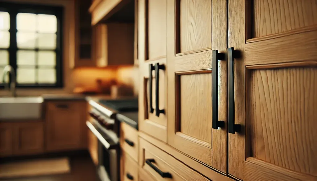 Close-up of natural wood Shaker cabinets with matte black hardware in a modern kitchen.