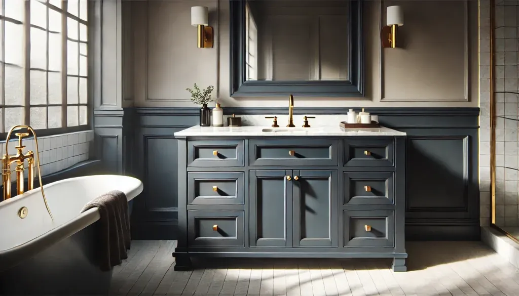 Bathroom vanity with dark navy Shaker cabinets and brass hardware, featuring a marble countertop.