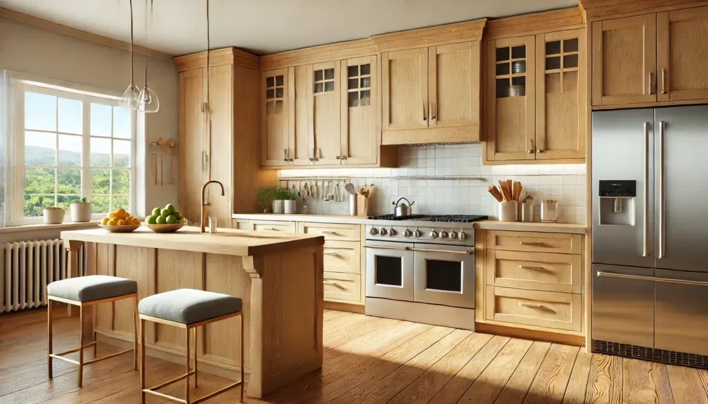 Bright kitchen with natural wood Shaker cabinets and stainless steel bar pulls.