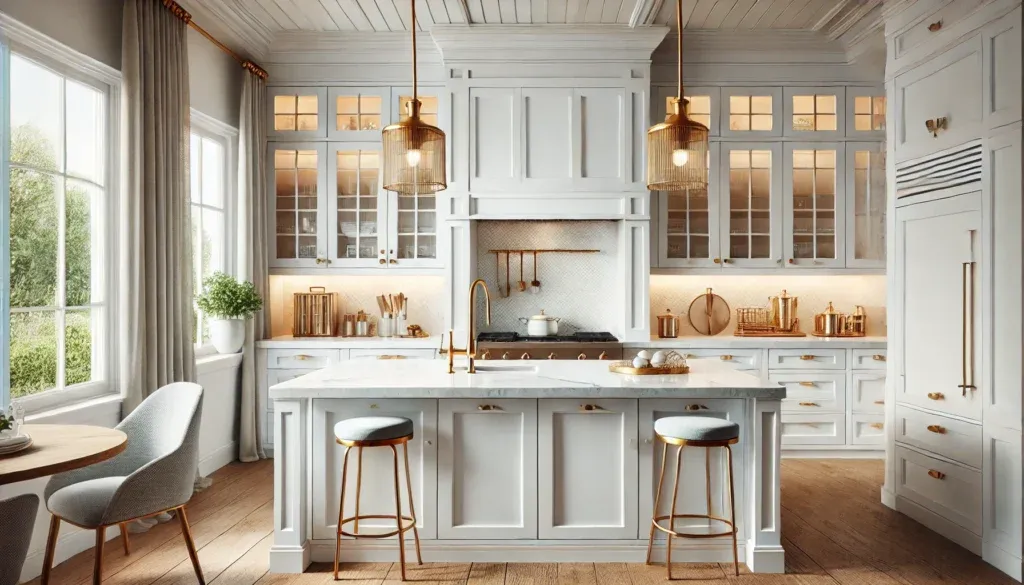 Modern kitchen island with white Shaker cabinets and gold hardware, featuring a quartz countertop.