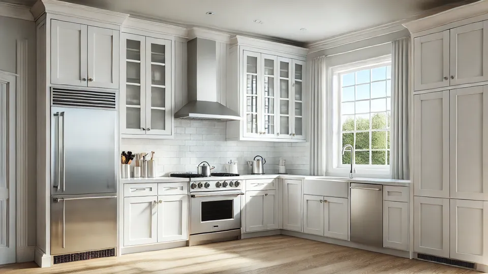 Modern kitchen with a mix of base, wall, and tall cabinets in standard sizes, featuring white Shaker-style cabinetry.