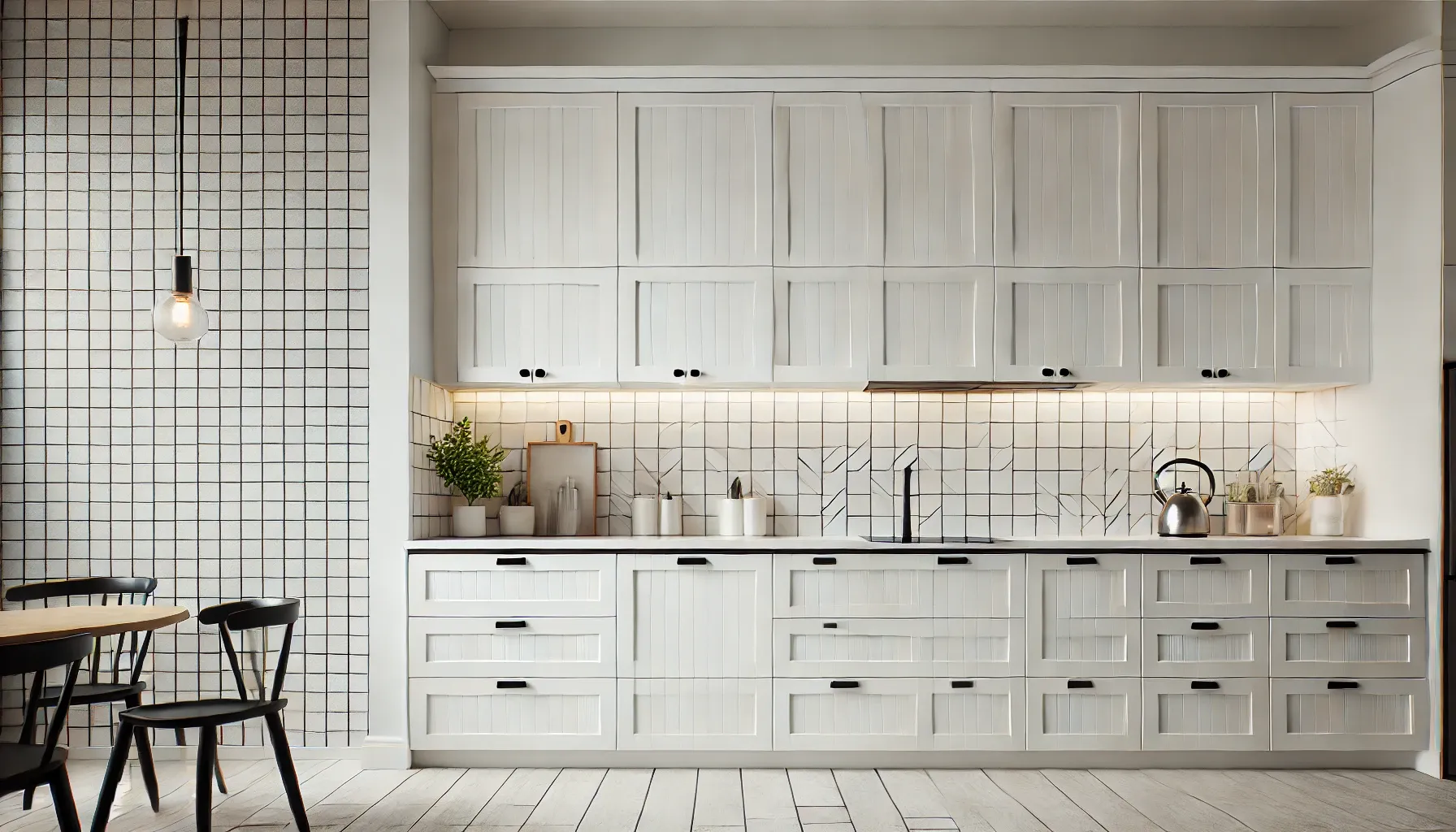 Modern kitchen wall with standard-sized wall cabinets, 12 inches deep and 42 inches high, in a bright white finish.