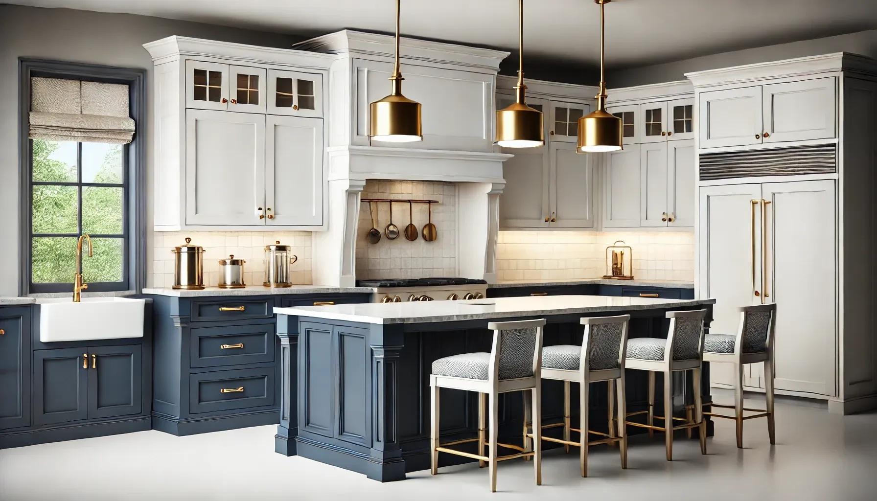 Minimalist kitchen island with navy blue base cabinets and gold hardware, featuring a quartz countertop.