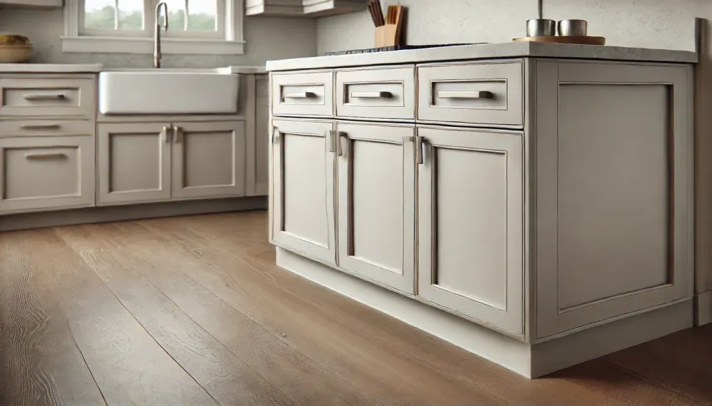 Modern kitchen with handle-less cabinets in a soft gray finish and quartz countertops.