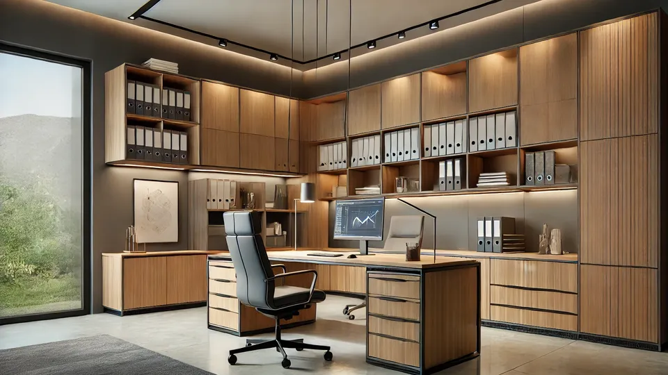 Modern office with premium custom cabinets in a sleek wood finish, featuring overhead storage and a built-in desk.