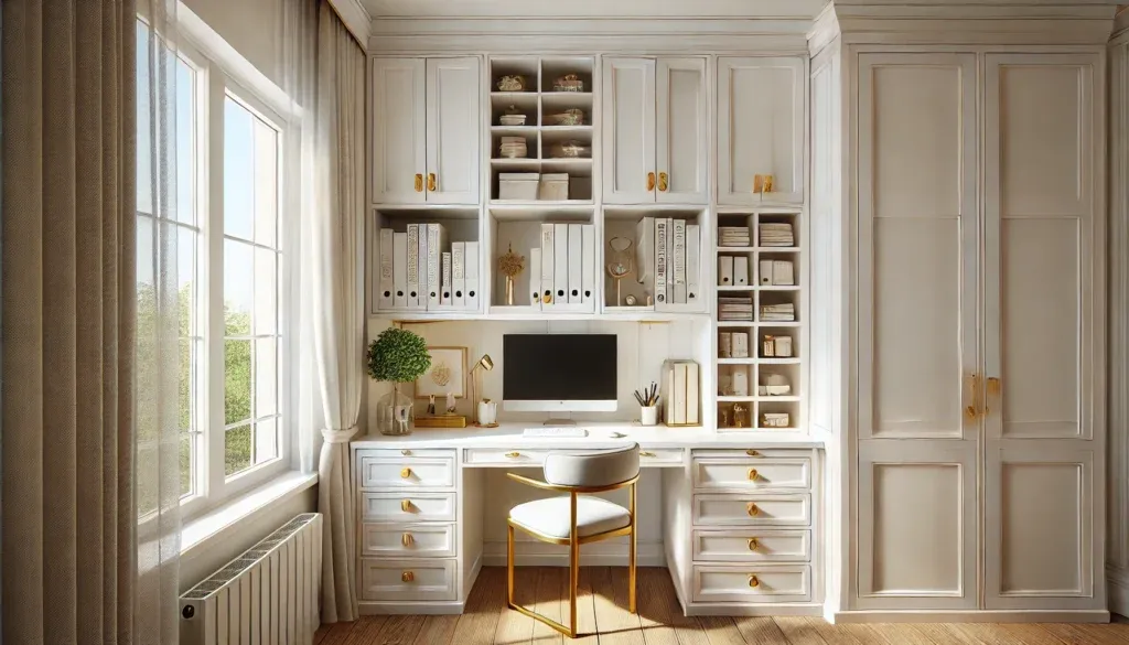 Compact home office with premium white cabinets, gold hardware, and built-in shelves for an organized workspace.