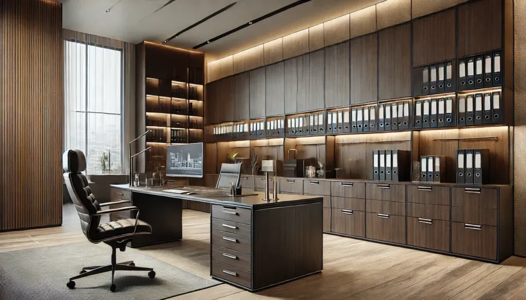Professional office space with dark walnut custom cabinets, sleek metal handles, and a large storage wall.