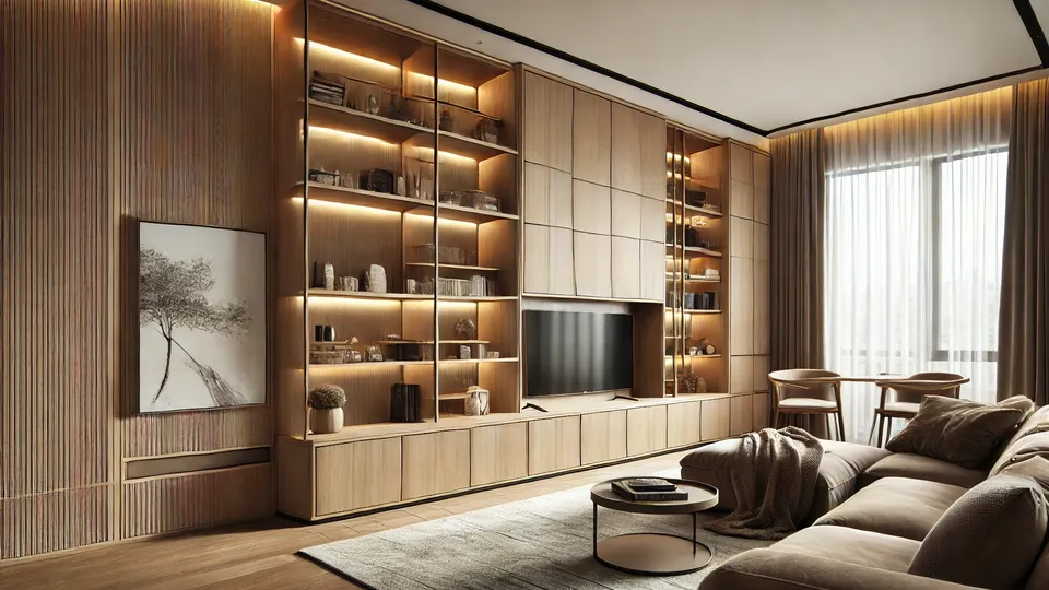 Modern living room with custom-built cabinets featuring open shelving and hidden compartments.