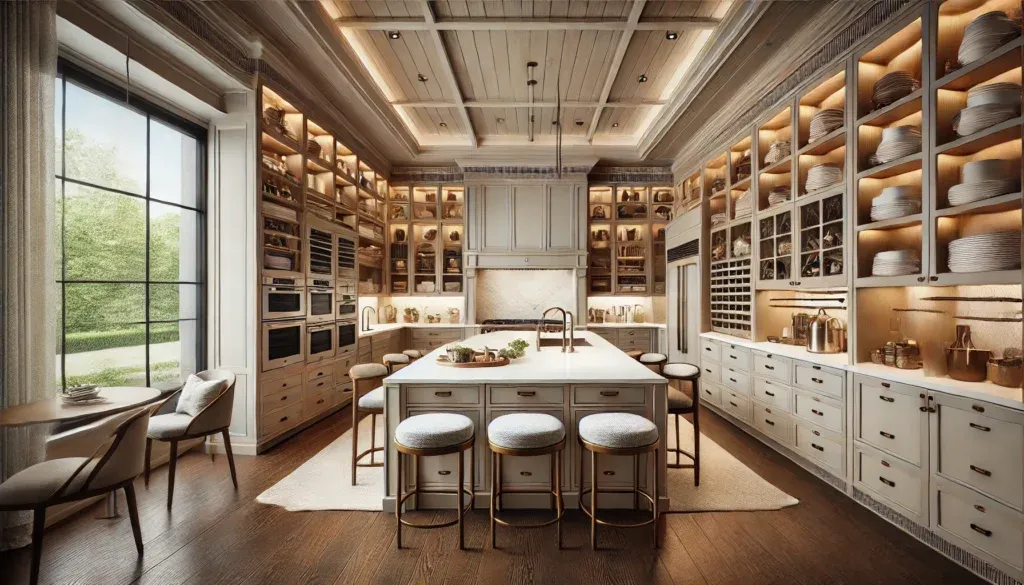 A modern luxury kitchen featuring custom cabinets with pull-out drawers, organized shelves, and a functional island.