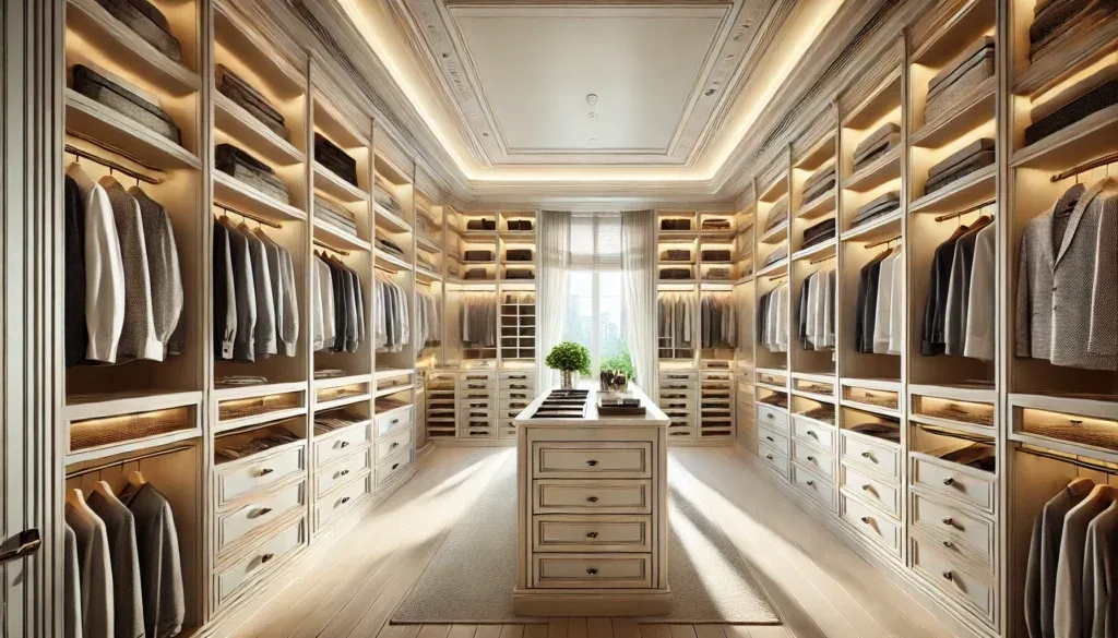 A spacious walk-in closet with custom cabinets, featuring organized shelves, drawers, and elegant finishes in a soft white tone.