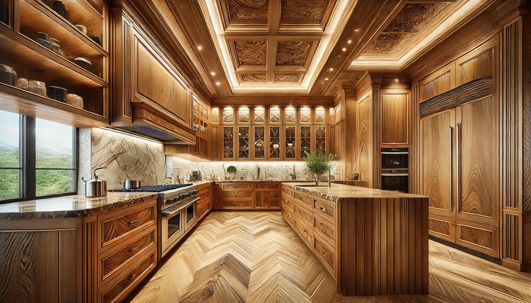 Custom kitchen cabinets featuring exotic wood finishes in a luxurious home.
