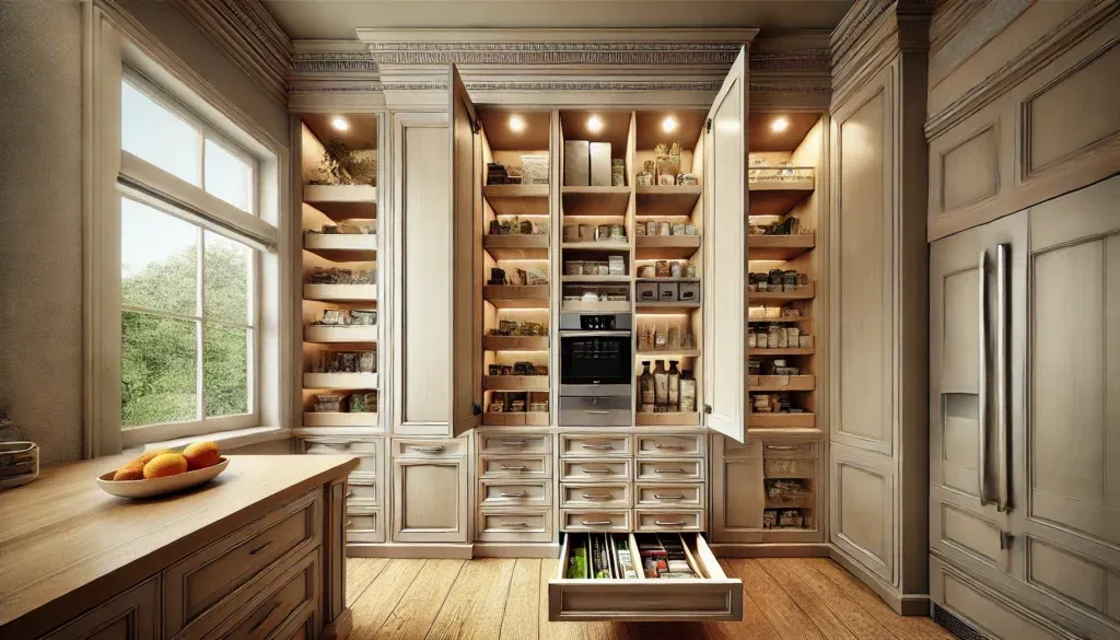 A pantry cabinet with custom pull-out drawers and hidden compartments for efficient storage.