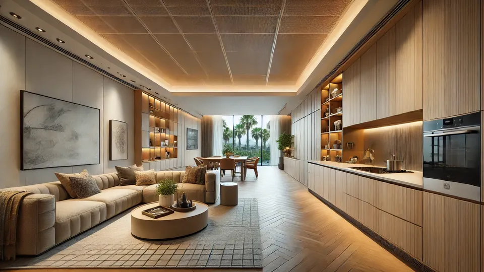 A modern open-concept living space with custom cabinets defining the kitchen and living areas.