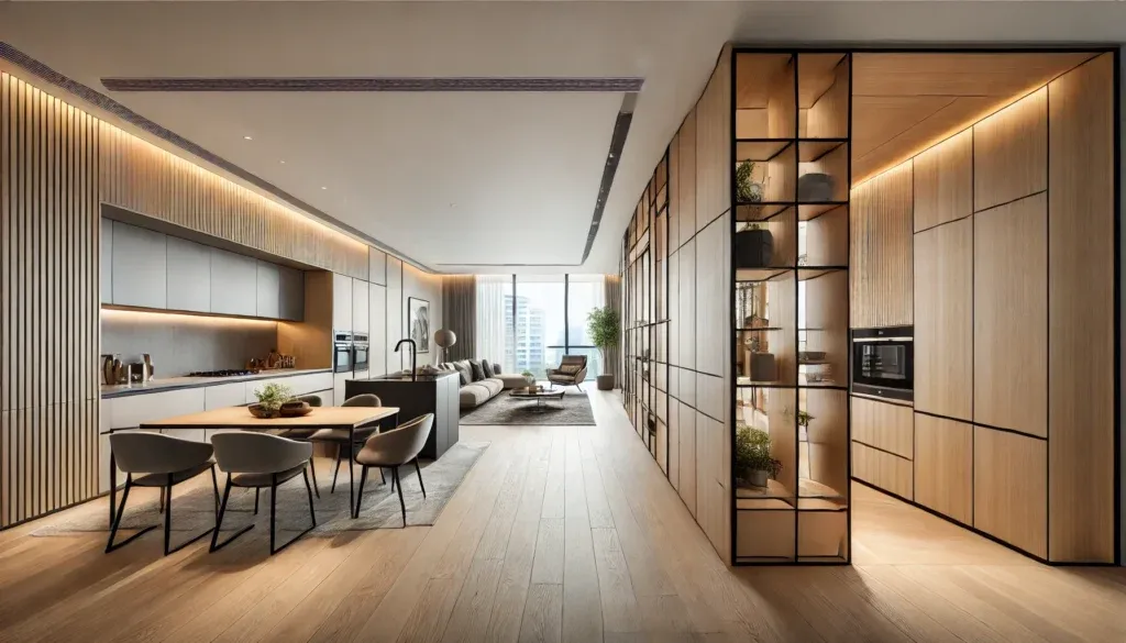 Custom storage-integrated room divider in a modern open-concept home.
