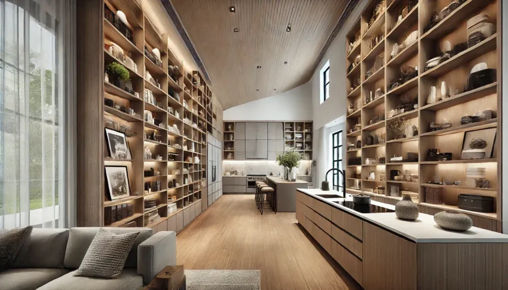 Open shelving with custom-built cabinets in a modern open-concept home.