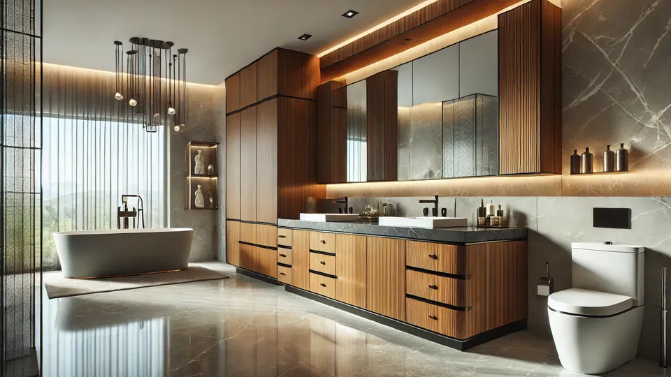 Modern luxury bathroom with custom cabinets and a sleek custom vanity.