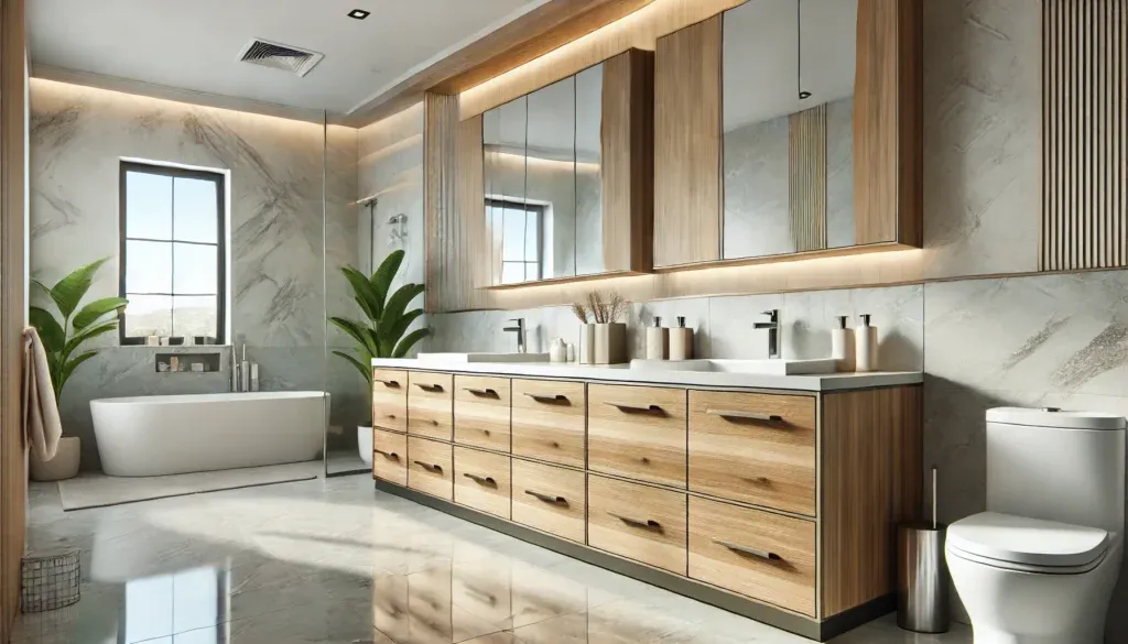 Custom bathroom cabinets with wood and high-gloss finishes.