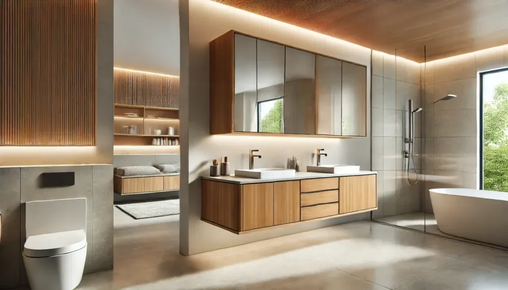 A floating custom vanity in a modern bathroom with integrated lighting and sleek custom cabinets.