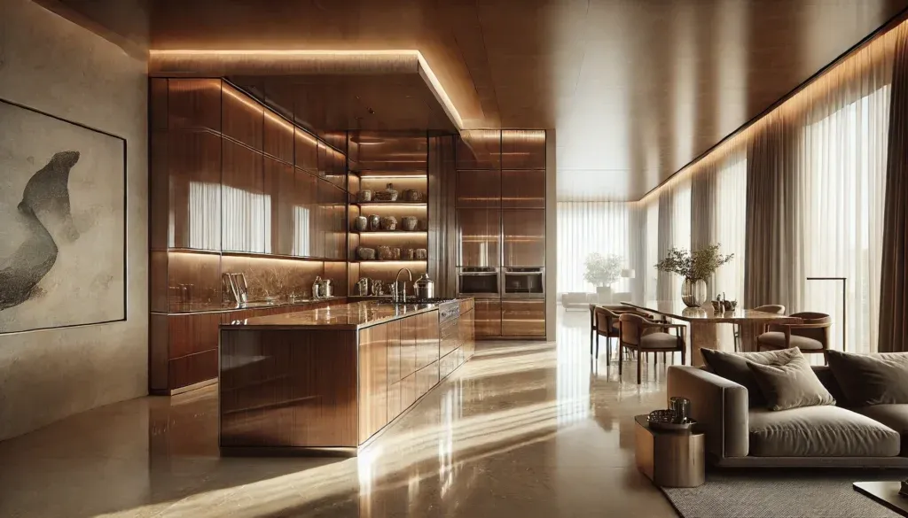 Luxury cabinetry with a glossy wood finish in an open-plan space